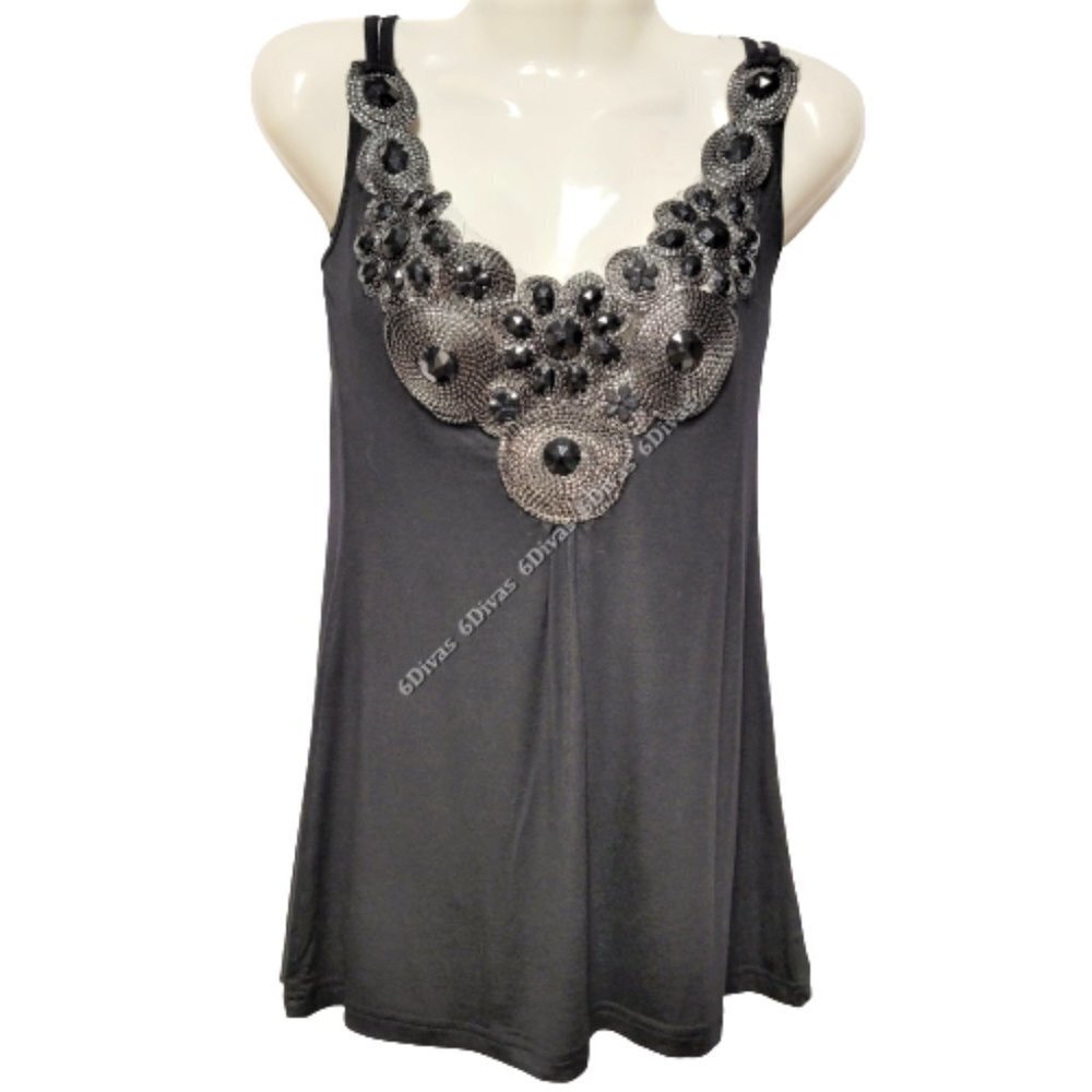Black Sequined Glitter Applique Blouse Top  Size S   Size M -  NWT